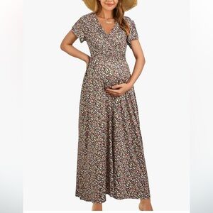 OEGES Maternity Maxi V Neck Wrap Dress, Floral, XXL